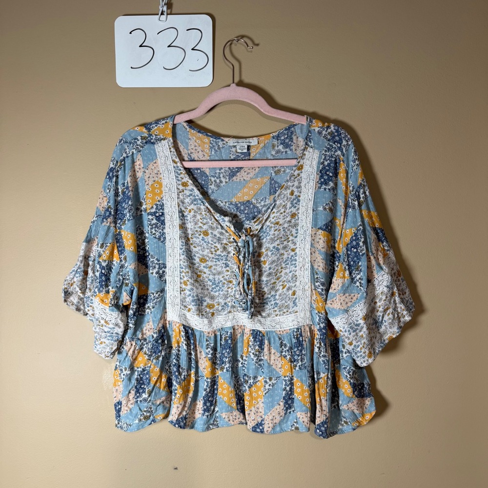 American Eagle Patchwork Floral Lace Peasant Top Blue Yellow Large